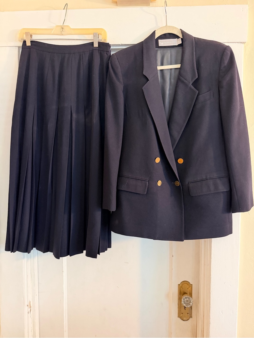 Evan Picone Navy Double-Breasted Blazer & Pleated Skirt Set